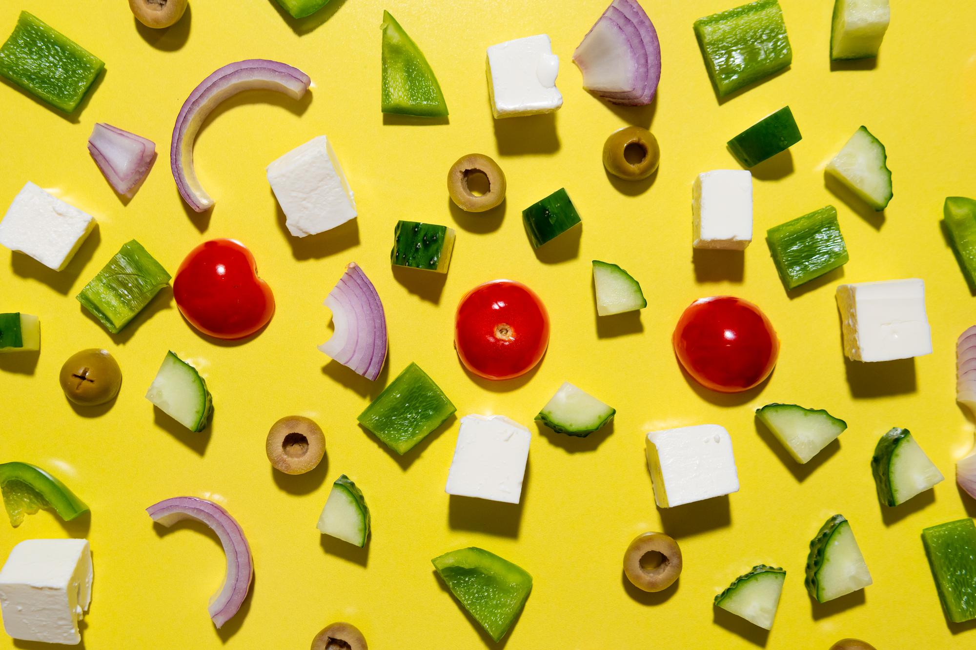 Top view of ingredients arranged in grid on table